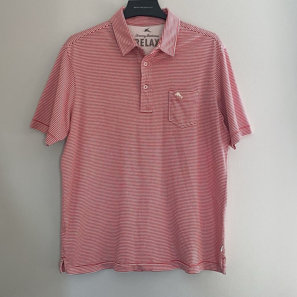 Tommy Bahama Relax Polo Shirt Medium Red Striped Short Sleeve 100% Cotton
